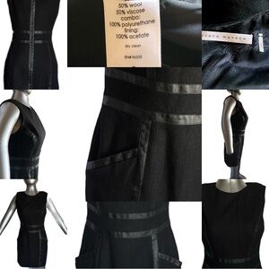 Susana Monaco Black Wool Viscose Mini Dress 8 Faux Leather Trim Mod Sheath Punk